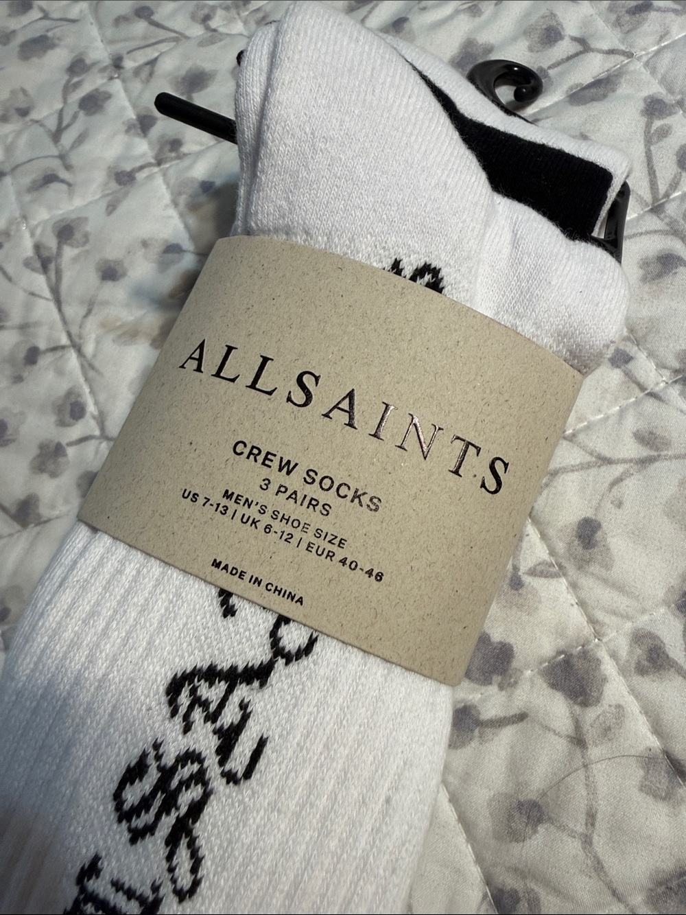 AllSaints White Crew Socks with Black Logo Accents - 3 Pack - Picture 2 of 5